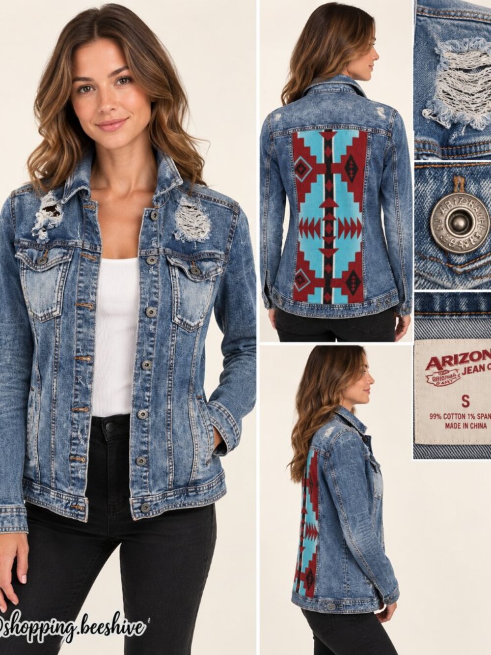 Arizona Jean Co Womens S Denim Jacket Southwestern Aztec Back Distressed Jean